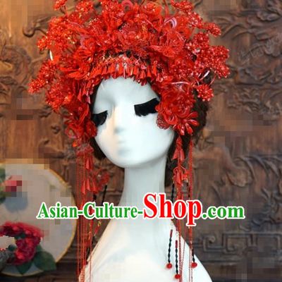 Chinese Traditional Handmade Red Phoenix Coronet Ancient Hairpins Wedding Hair Accessories Complete Set for Women