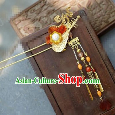 Chinese Traditional Palace Hair Accessories Ancient Golden Lute Hairpins Headwear for Women