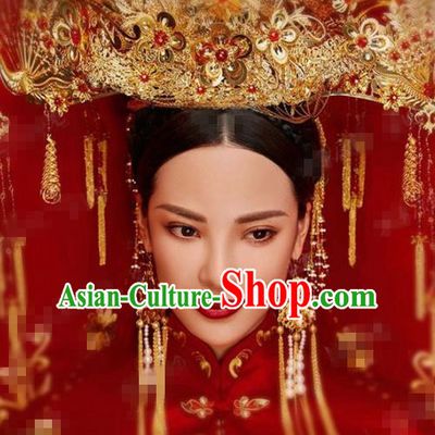 Chinese Traditional Handmade Luxury Golden Phoenix Coronet Ancient Wedding Hair Accessories Complete Set for Women
