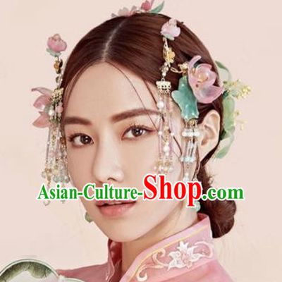 Chinese Traditional Palace Queen Hair Accessories Ancient Bride Pink Lotus Hairpins Headwear for Women