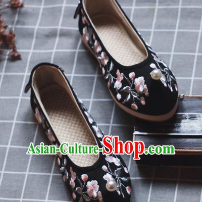 Asian Chinese Wedding Hanfu Shoes Traditional Ancient Princess Pearl Black Embroidered Shoes for Women