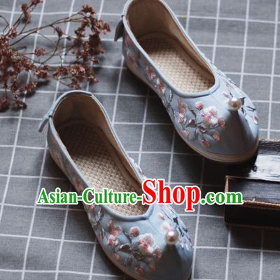 Asian Chinese Wedding Hanfu Shoes Traditional Ancient Princess Pearl Blue Embroidered Shoes for Women