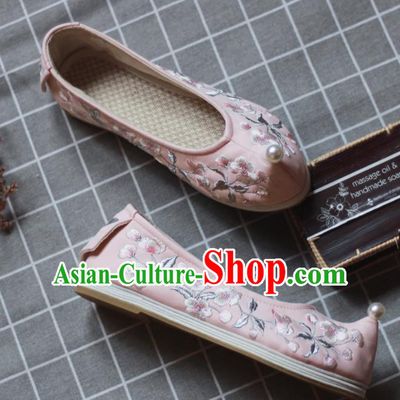 Asian Chinese Wedding Hanfu Shoes Traditional Ancient Princess Pearl Pink Embroidered Shoes for Women