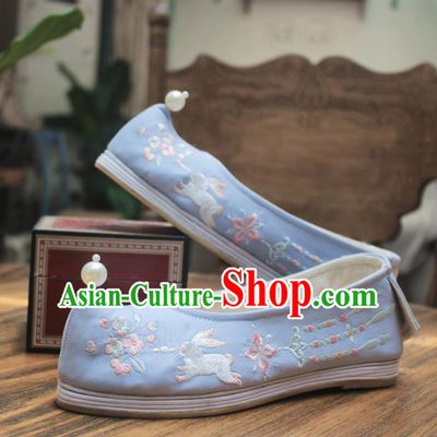 Asian Chinese Wedding Hanfu Shoes Traditional Ancient Princess Blue Embroidered Shoes for Women