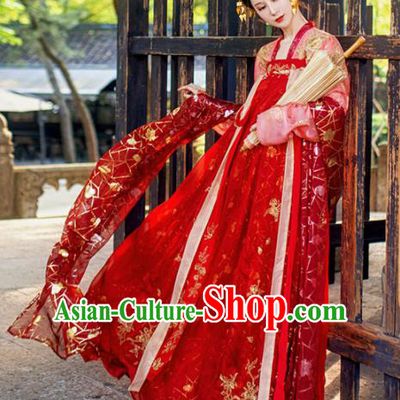 Chinese Traditional Tang Dynasty Wedding Embroidered Historical Costume Ancient Peri Princess Red Hanfu Dress for Women