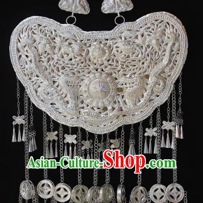 Traditional Chinese Miao Nationality Sliver Carving Accessories Hmong Wedding Large Tassel Necklace for Women