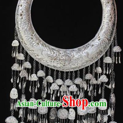 Traditional Chinese Miao Nationality Sliver Carving Accessories Hmong Wedding Bells Tassel Necklace for Women