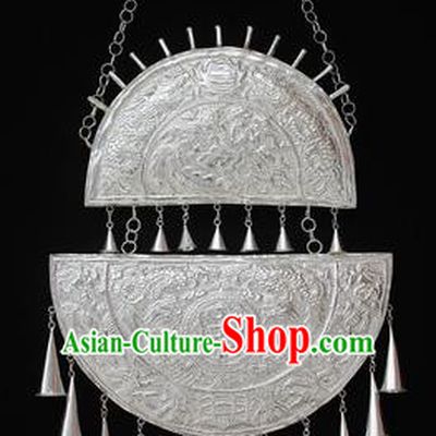 Traditional Chinese Miao Nationality Sliver Carving Tassel Necklet Hmong Wedding Tassel Necklace for Women
