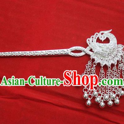 Traditional Chinese Miao Nationality Tassel Hair Accessories Hmong Female Folk Dance Peacock Hairpins for Women