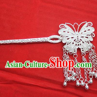 Traditional Chinese Miao Nationality Tassel Hair Accessories Hmong Female Folk Dance Butterfly Hairpins for Women