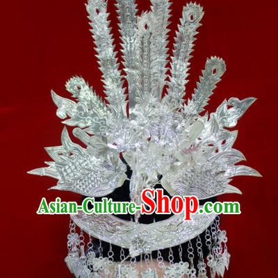 Traditional Chinese Miao Nationality Phoenix Coronet Hair Accessories Hmong Ethnic Female Sliver Hairpins for Women