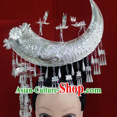 Traditional Chinese Miao Nationality Sliver Hair Accessories Hmong Ethnic Female Horn Hairpins for Women