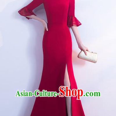 Professional Compere Red Flat Shouders Full Dress Modern Dance Princess Wedding Dress for Women