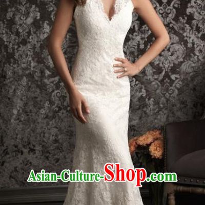 Professional Princess Embroidered White Lace Trailing Wedding Dress Modern Dance Compere Full Dress for Women