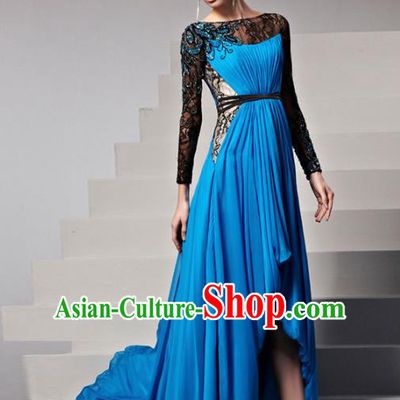 Top Grade Compere Costume Blue Trailing Full Dress Modern Dance Princess Wedding Dress for Women