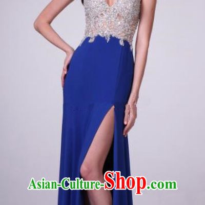 Top Grade Crystal Deep Blue Full Dress Compere Modern Fancywork Costume Princess Wedding Dress for Women