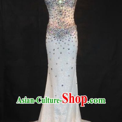 Professional Compere White Diamante Full Dress Modern Dance Princess Wedding Dress for Women
