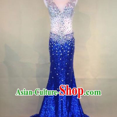 Professional Compere Royalblue Diamante Full Dress Modern Dance Princess Wedding Dress for Women