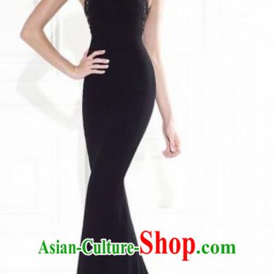 Top Grade Black Lace Full Dress Compere Modern Fancywork Costume Princess Wedding Dress for Women
