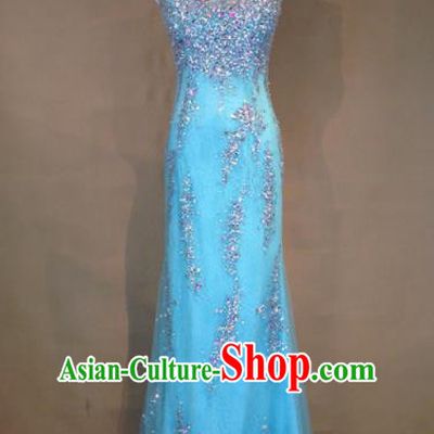 Top Grade Blue Veil Crystal Full Dress Compere Modern Fancywork Costume for Women