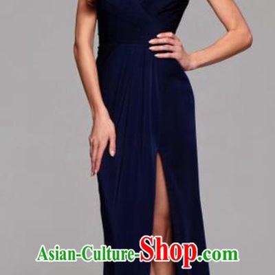 Top Grade Catwalks Navy Satin Evening Dress Compere Modern Fancywork Costume for Women