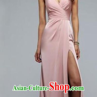 Top Grade Catwalks Pink Satin Evening Dress Compere Modern Fancywork Costume for Women