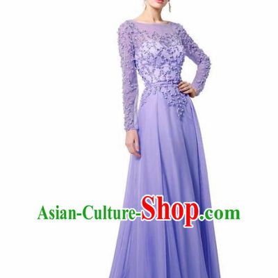 Top Grade Catwalks Purple Embroidered Beads Evening Dress Compere Modern Fancywork Costume for Women