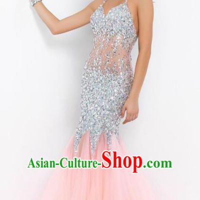 Top Grade Catwalks Pink Veil Fishtail Crystal Evening Dress Compere Modern Fancywork Costume for Women