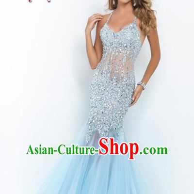 Top Grade Catwalks Blue Veil Fishtail Crystal Evening Dress Compere Modern Fancywork Costume for Women