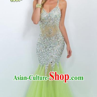 Top Grade Catwalks Green Veil Fishtail Crystal Evening Dress Compere Modern Fancywork Costume for Women