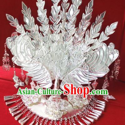 Chinese Traditional Ethnic Wedding Sliver Tassel Phoenix Coronet Hair Accessories Miao Nationality Bride Hairpins for Women
