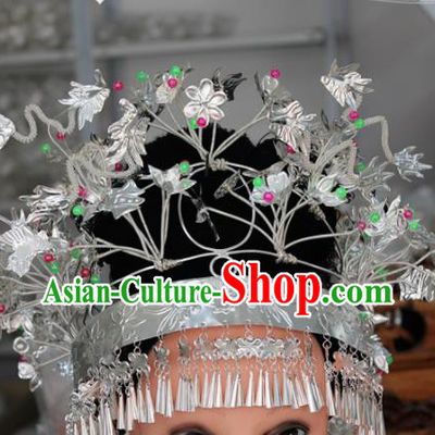Chinese Traditional Ethnic Princess Hair Crown Sliver Tassel Phoenix Coronet Miao Nationality Bride Hairpins for Women