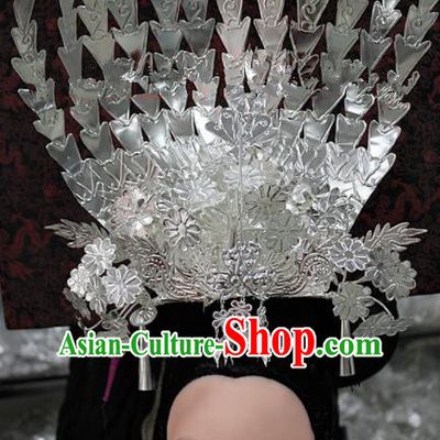 Chinese Traditional Ethnic Hair Crown Sliver Phoenix Coronet Miao Nationality Bride Hairpins for Women