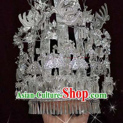 Chinese Traditional Ethnic Hair Crown Sliver Tassel Phoenix Coronet Miao Nationality Bride Hairpins for Women