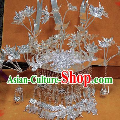 Chinese Traditional Ethnic Miao Nationality Wedding Bride Hairpins Phoenix Coronet for Women