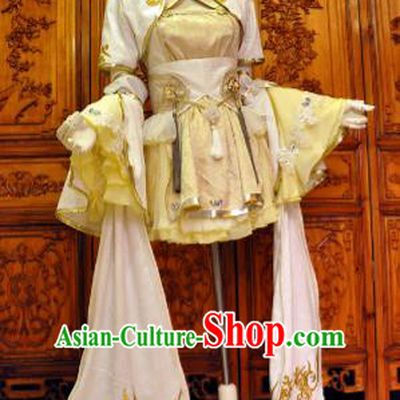Chinese Traditional Cosplay Princess Costume Ancient Peri Swordswoman Golden Dress for Women