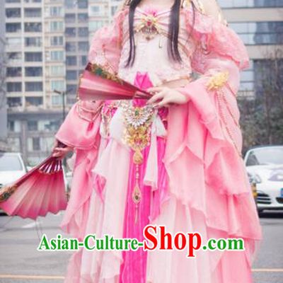 Chinese Traditional Cosplay Peri Princess Costume Ancient Swordswoman Pink Dress for Women