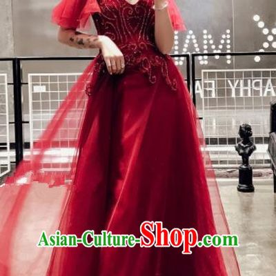 Professional Compere Costume Top Grade Red Veil Full Dress Modern Dance Clothing for Women