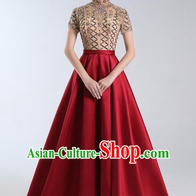 Professional Compere Costume Top Grade Wine Red Full Dress Modern Dance Clothing for Women