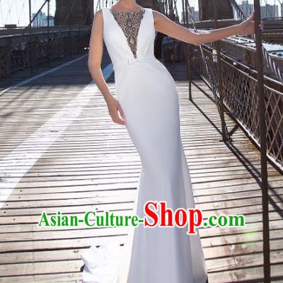 Professional Compere White Fishtail Full Dress Top Grade Modern Dance Costume Princess Wedding Dress for Women