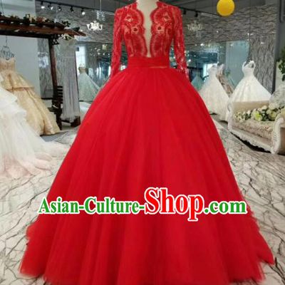 Professional Compere Costume Red Veil Full Dress Top Grade Modern Dance Princess Wedding Dress for Women