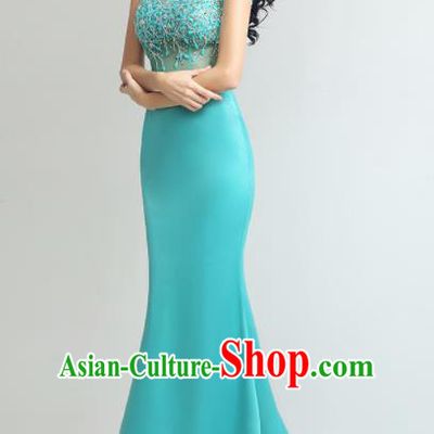 Professional Compere Costume Blue Full Dress Top Grade Modern Dance Princess Wedding Dress for Women