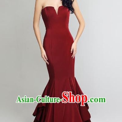 Professional Compere Costume Wine Red Full Dress Top Grade Modern Dance Princess Wedding Dress for Women