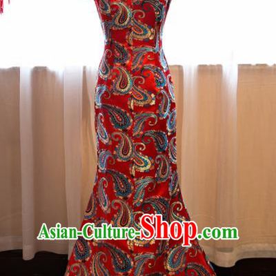 Chinese Traditional Compere Costume Tang Suit Qipao Dress Red Cheongsam for Women