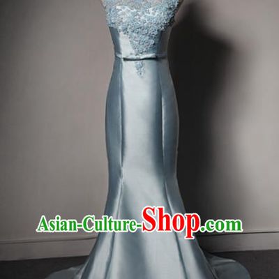 Top Grade Catwalks Blue Satin Evening Dress Compere Modern Fancywork Costume for Women