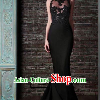 Top Grade Catwalks Black Trailing Evening Dress Compere Modern Fancywork Costume for Women