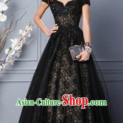 Top Grade Catwalks Black Veil Bubble Evening Dress Compere Modern Fancywork Costume for Women