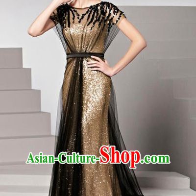 Top Grade Catwalks Golden Paillette Trailing Evening Dress Compere Modern Fancywork Costume for Women
