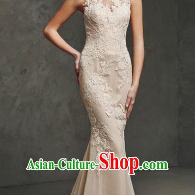Top Grade Catwalks Embroidered Champagne Evening Dress Compere Modern Fancywork Costume for Women
