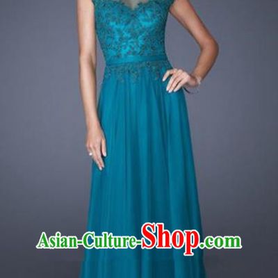 Top Grade Catwalks Blue Lace Evening Dress Compere Modern Fancywork Costume for Women